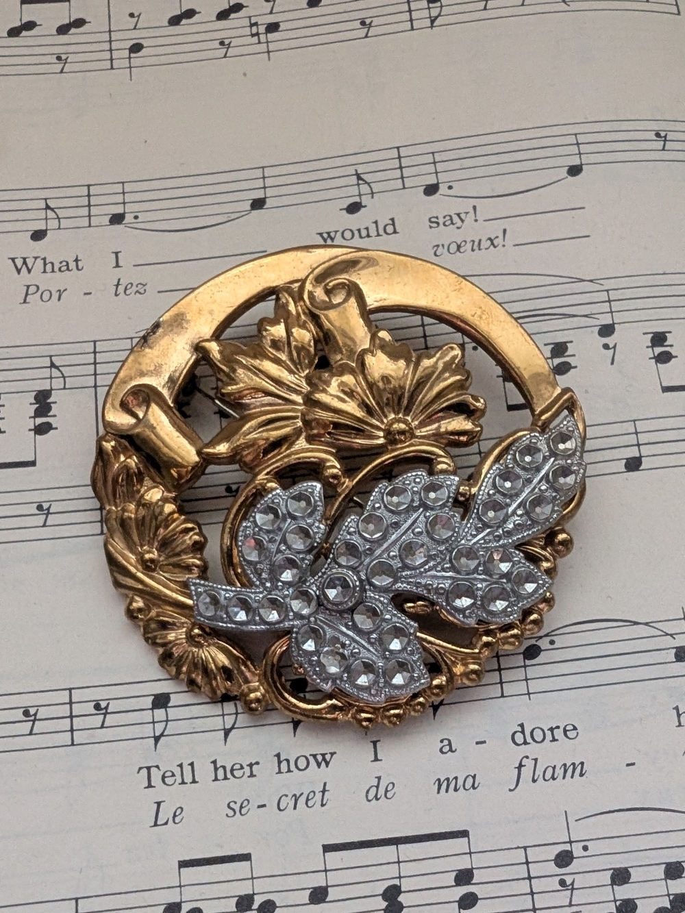 Vintage Gold Tone Floral Rhinestone Brooch - Gold and Silver
